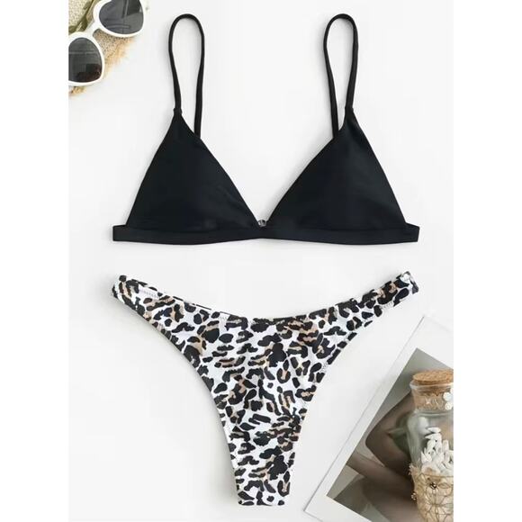 NEW Leopard Print Triangle Top Thong Bikini M - Picture 1 of 5